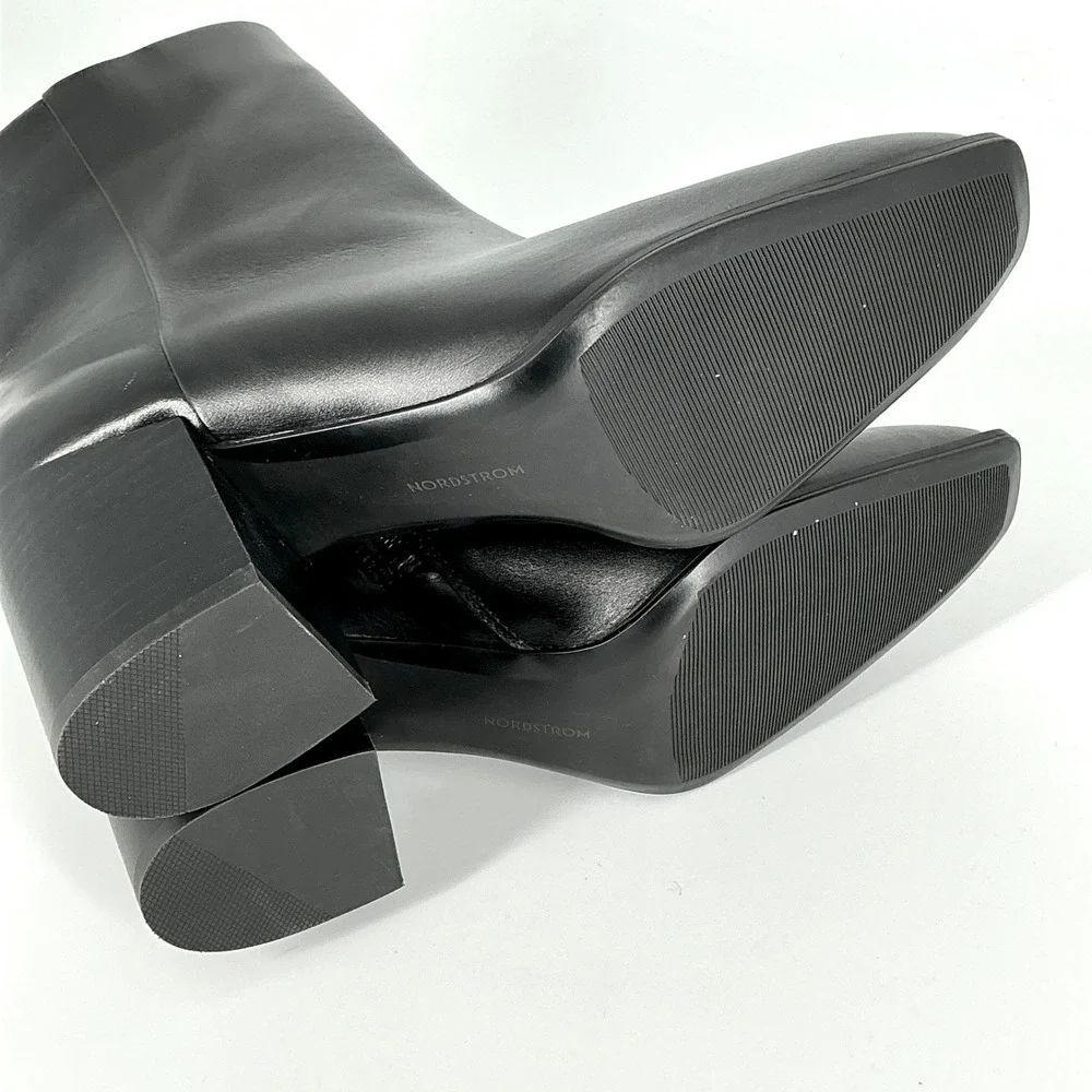 Nordstrom Size 8.5 Black Leather Square Toe Block Heel Ankle Boot NEW Vanna $140